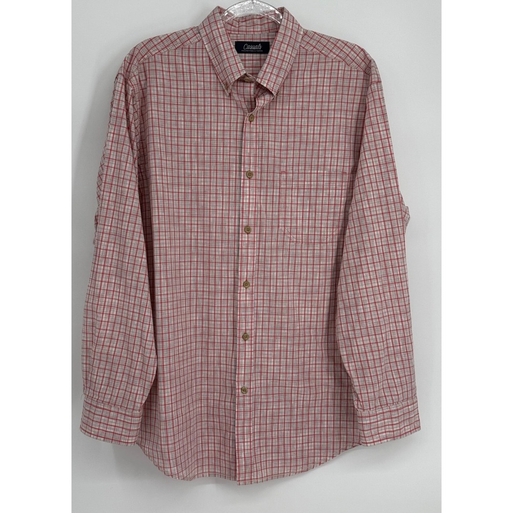 Roundtree & Yorke Casuals Mens Red Tan Plaid Button Down Shirt Long Sleeve Sz  L